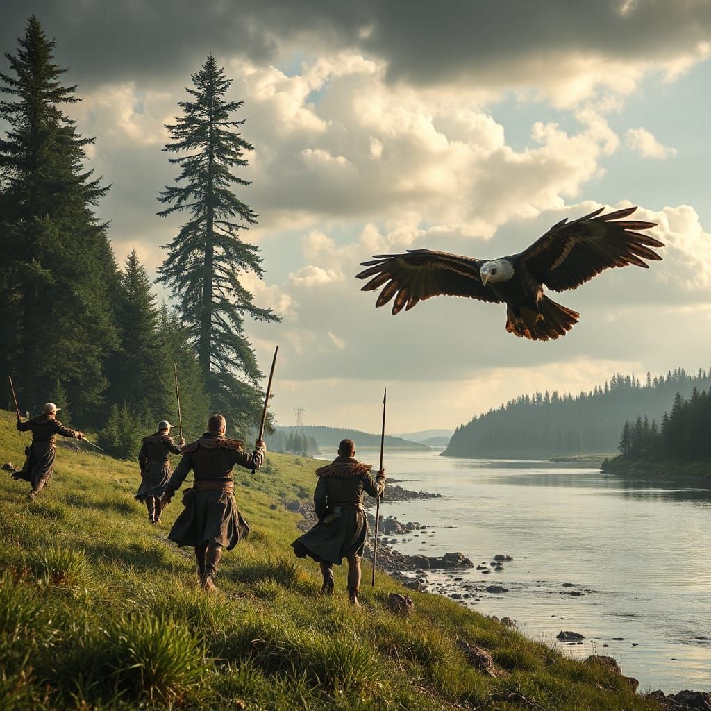 Cowards Fleeing Giant Black Eagle by the River