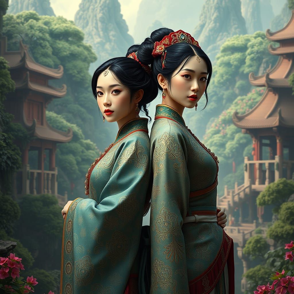 Asian Sisters in Vibrant, Dreamlike Fantasy Landscape