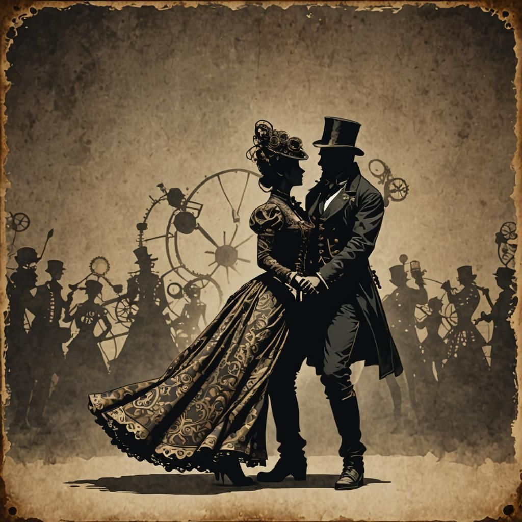 Dancing Couple Silhouette in Steampunk Ink Wash