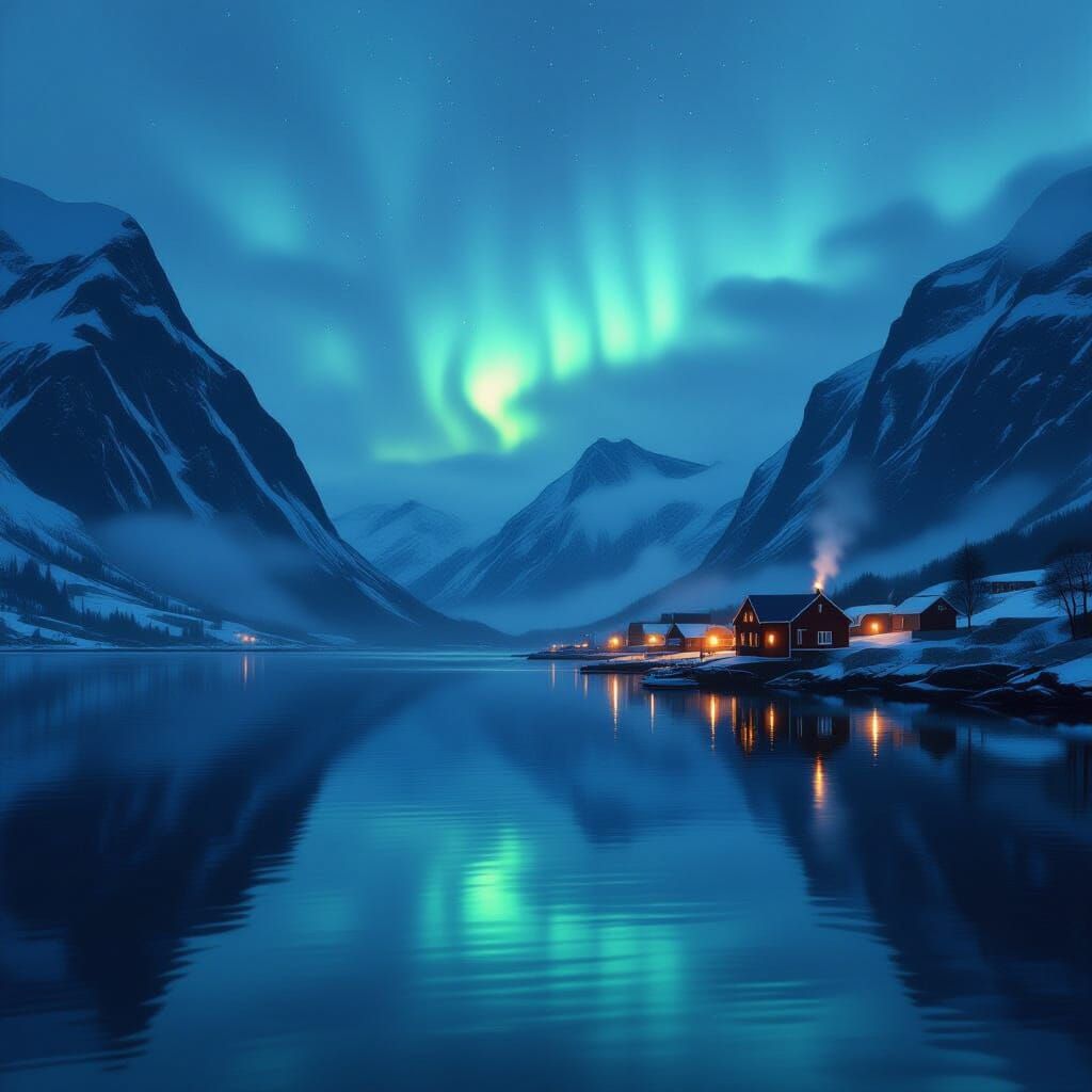 Misty Fjord Village with Northern Lights
