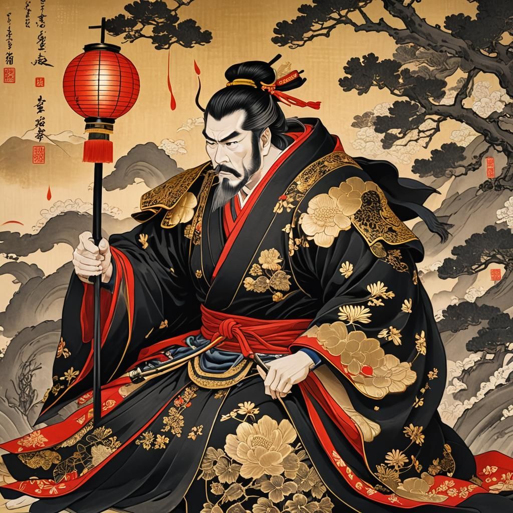 Shogun on Vermilion Throne in Ukiyo-e Style