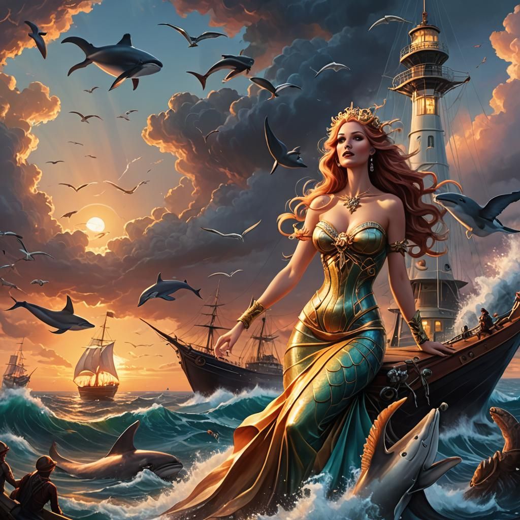 Art Deco Ocean Scene with Mermaids and Storm