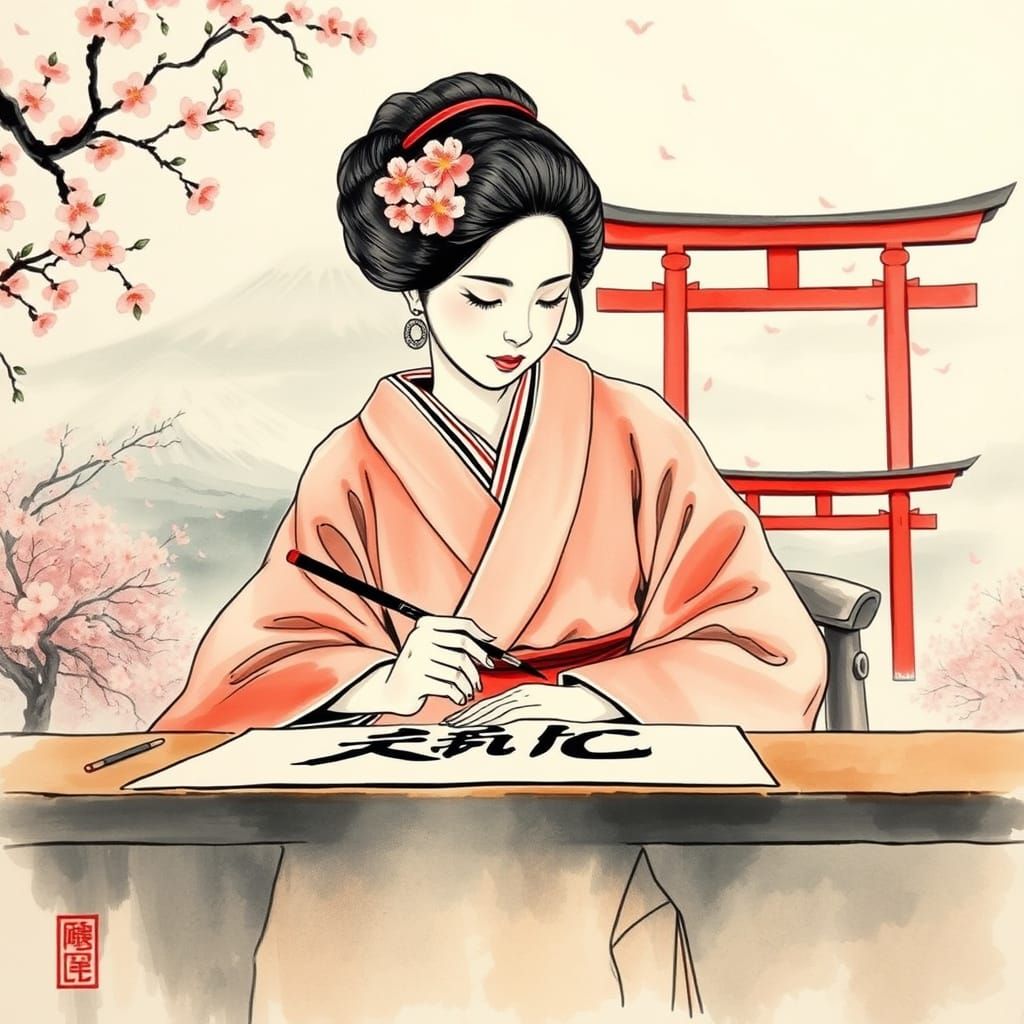 Serene Geisha Creates Calligraphy Art with AnC