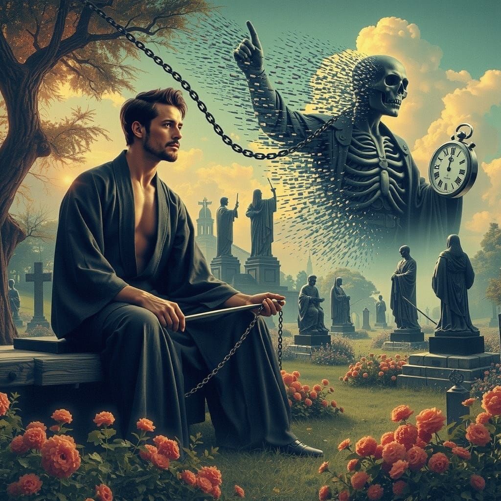 Samurai Contemplates Time in a Gothic Garden