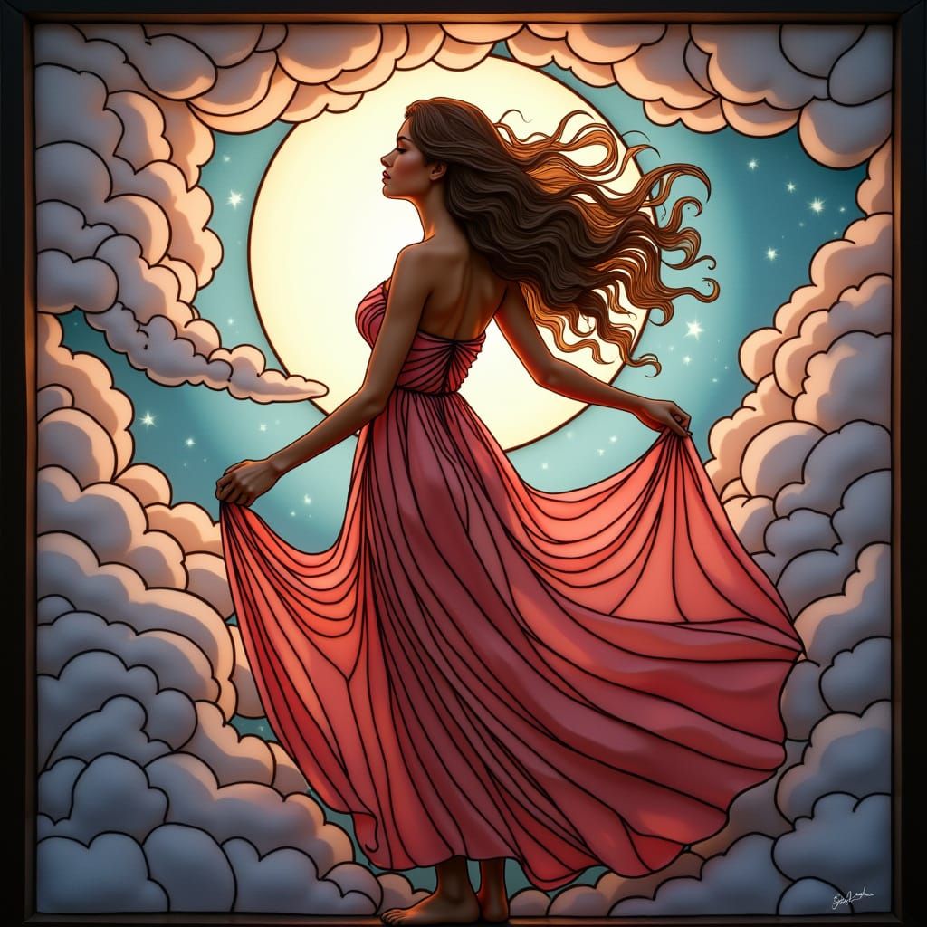 Stained Glass Dreamer in a Swirling Cloudscape