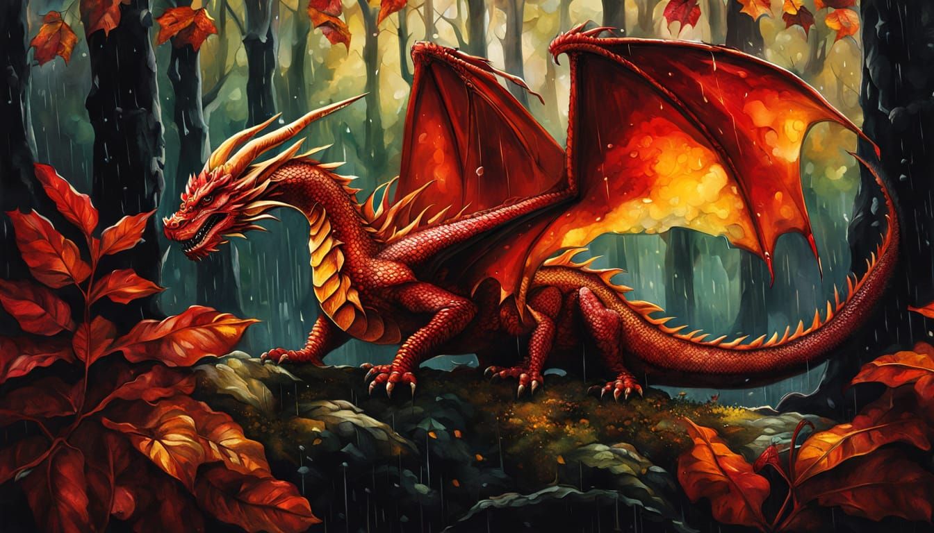 Red Dragon Shelters Family in Rainy Forest, Alcohol Ink