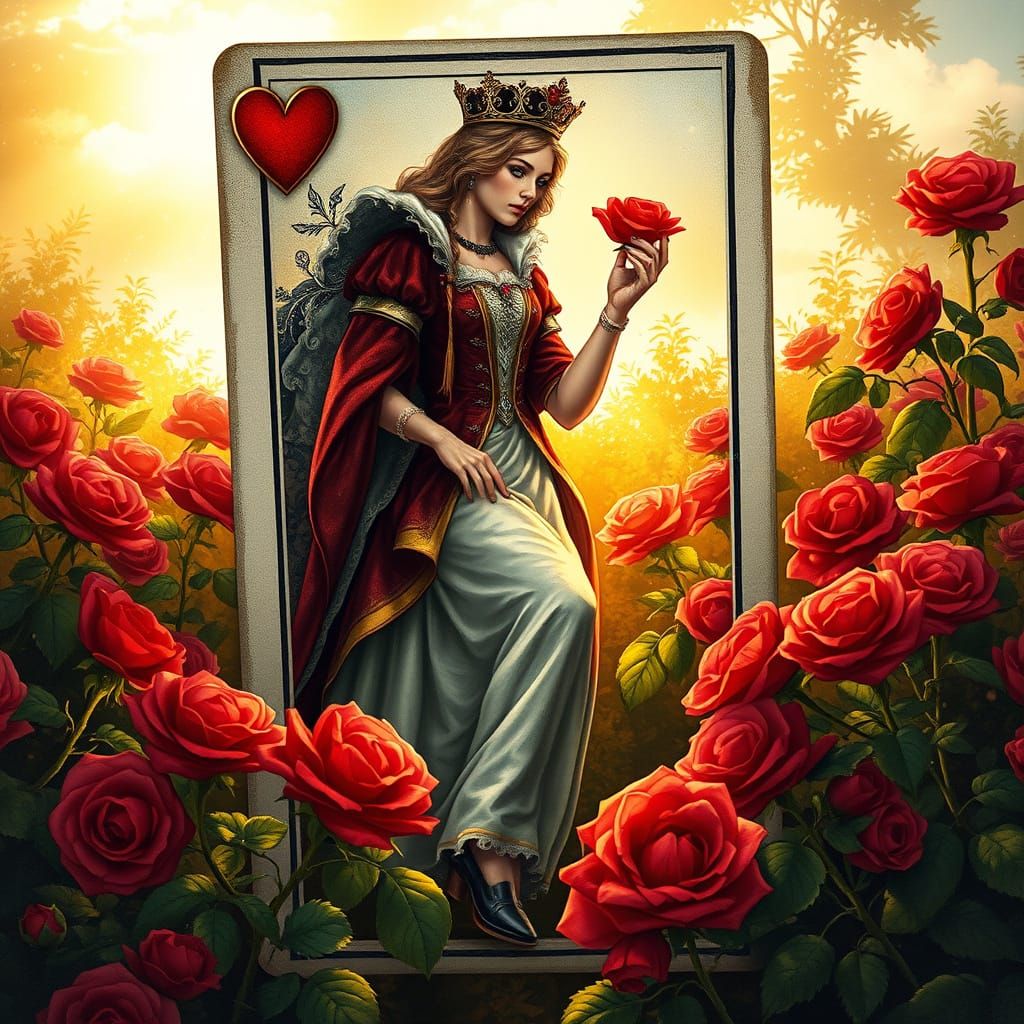 Queen of Hearts Emerges into Sunlit Rose Garden