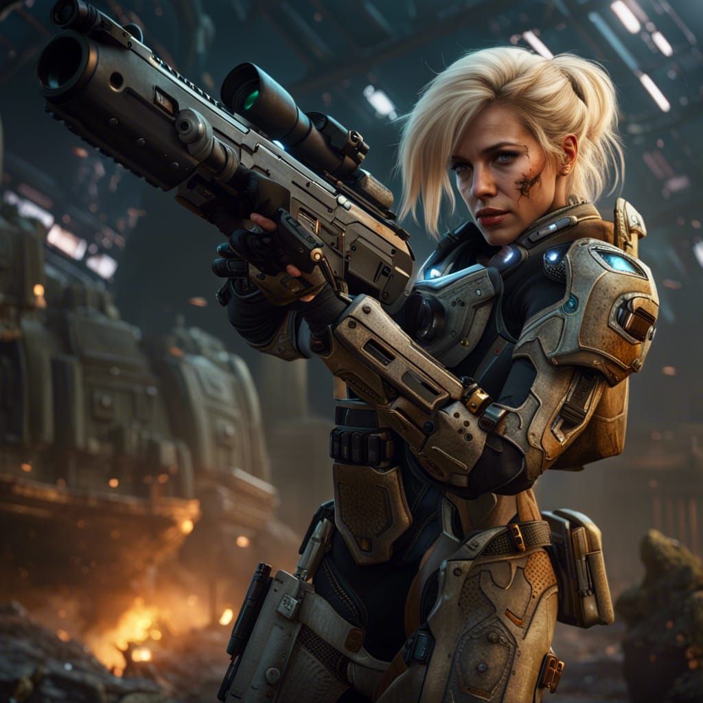 Female Soldier Covers from Gunfire: Detailed Matte Painting