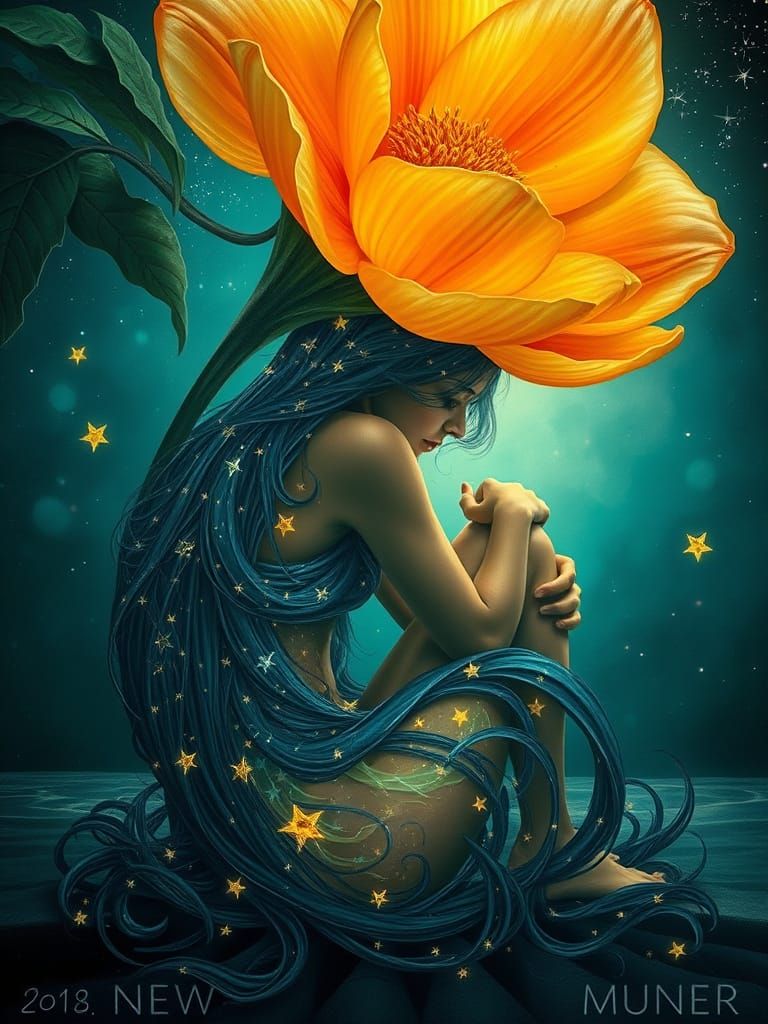 Surreal Woman Under Bioluminescent Flower with Star Hair