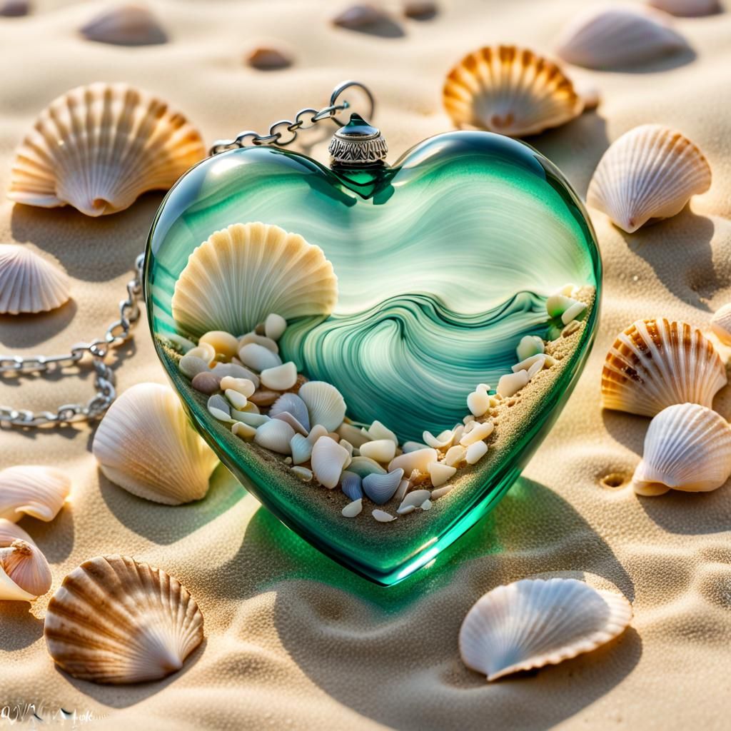 Pastel Glass Heart on Beach, Storybook Style