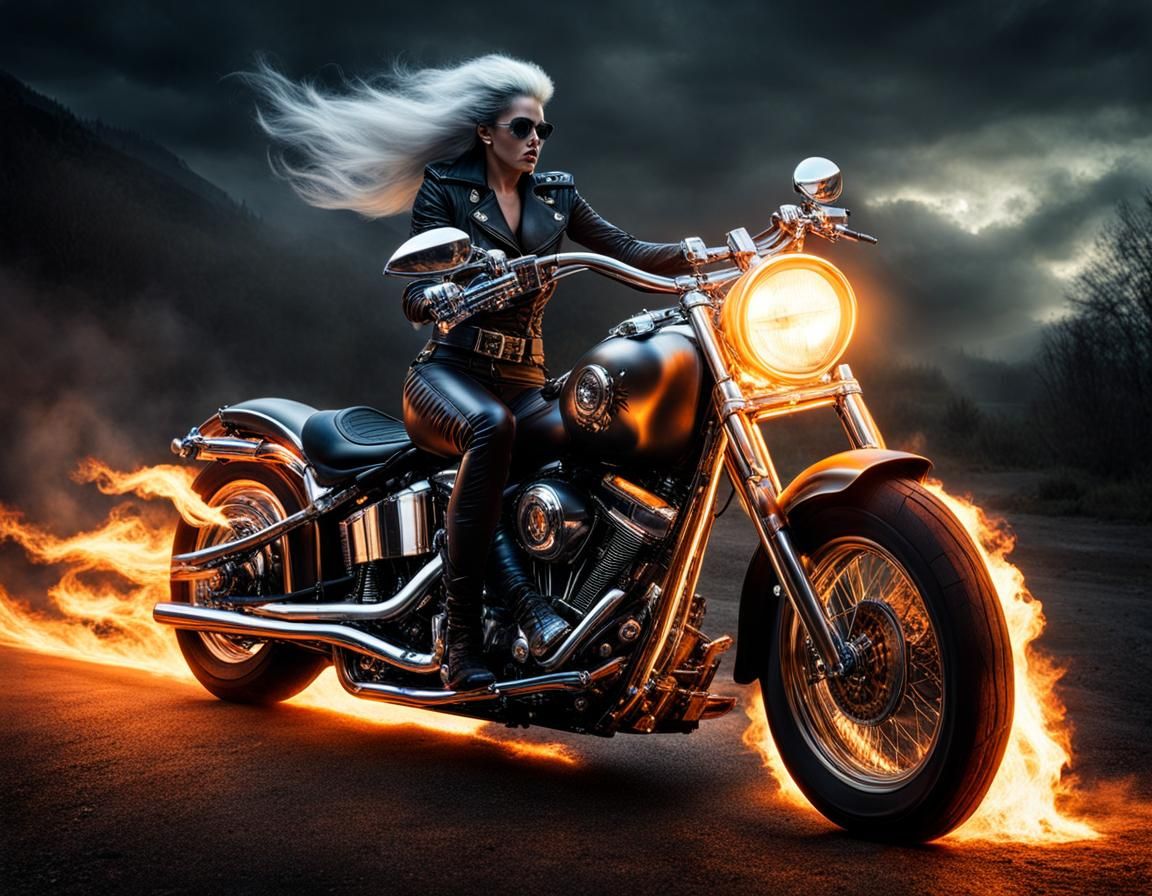 Witch Rides Motorcycle Ghost Rider in Dark Fantasy Style