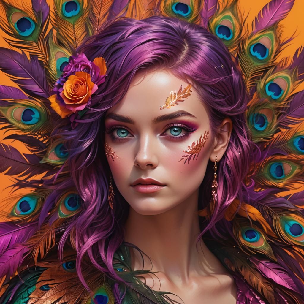 Rose Gold Woman with Peacock Feather Hair