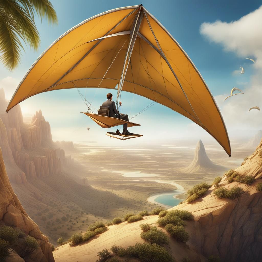 Hang-gliding to a Desert Oasis in Fantasy Art