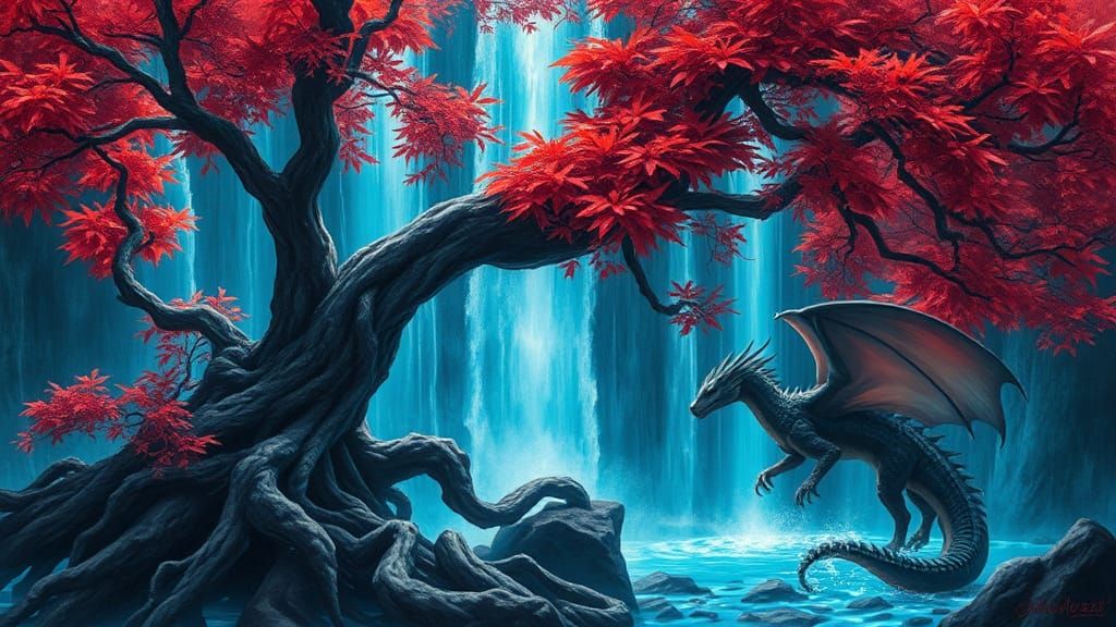 Dragon and Ancient Tree Charcoal Drawing with Waterfall