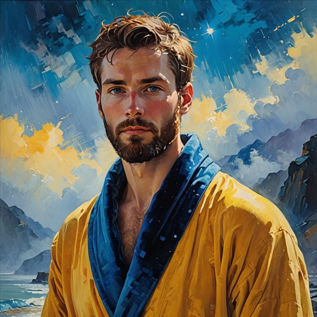 Bearded Man in Yellow Robe: Neo-Impressionist Oil Painting