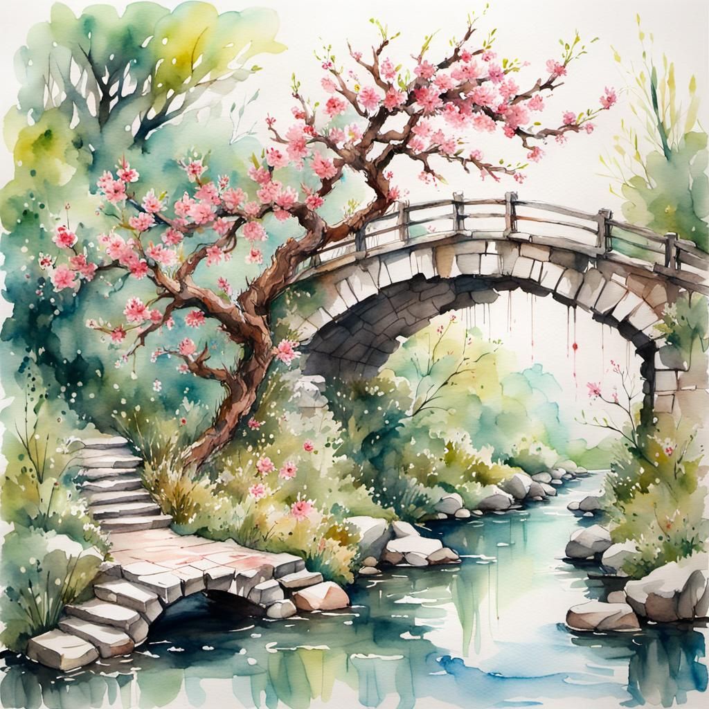 Whimsical Watercolor Peach Blossom Bridge by a Sparkling Pon...