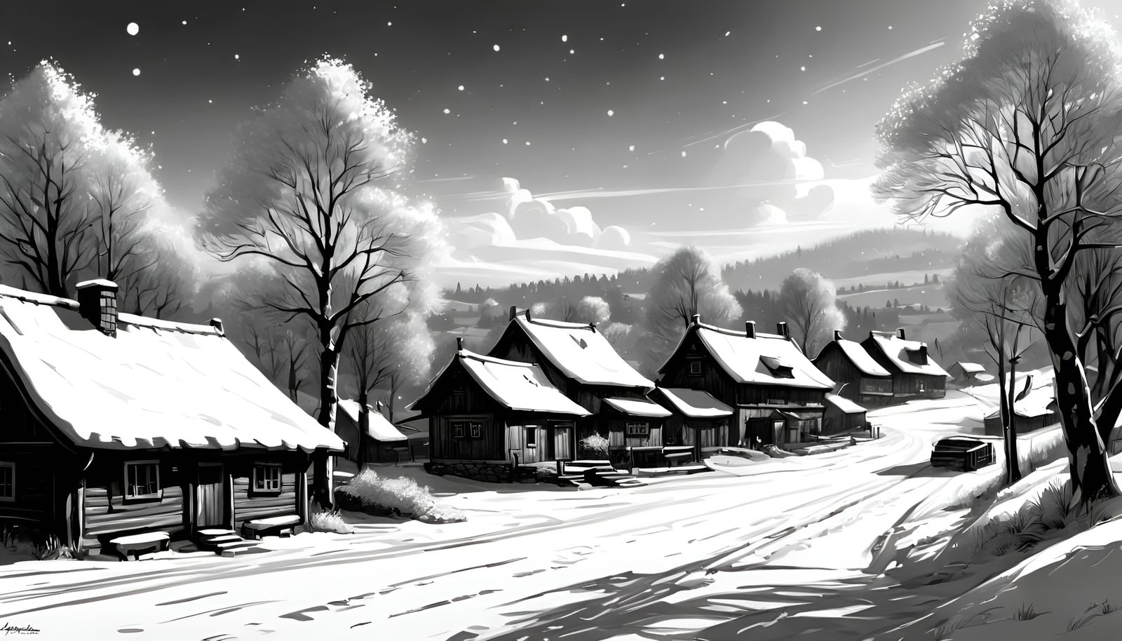 B&W Ink drawing of a small country village during the winter...