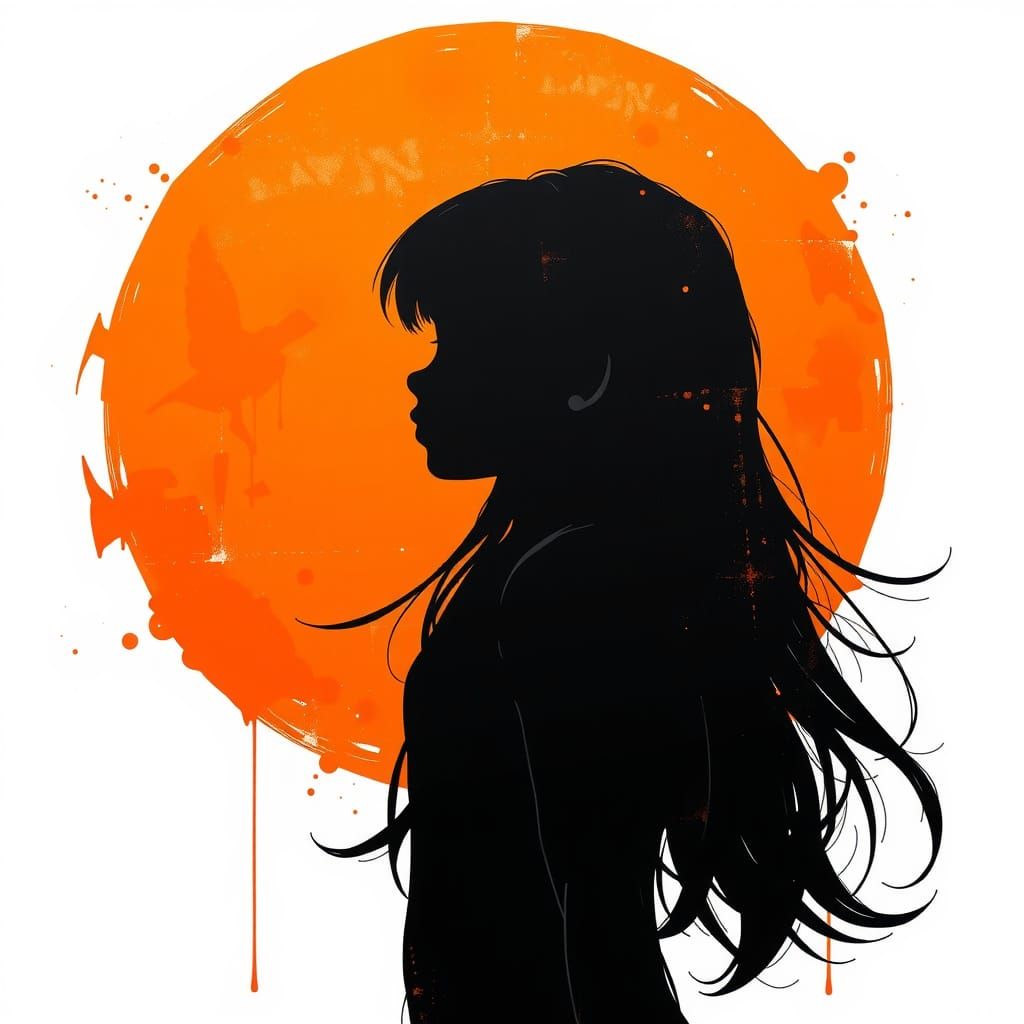 Silhouette of Girl with Orange Circle in Street Art Style
