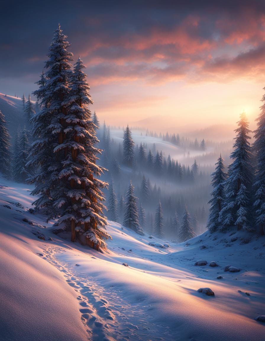 Misty Winter Mountain Landscape at Dusk