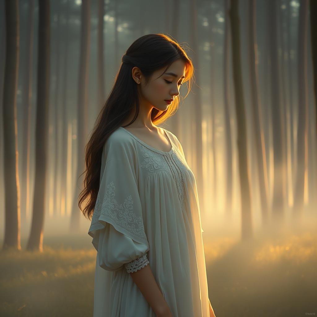 Woman in Misty Forest at Dawn: Ethereal Landscape