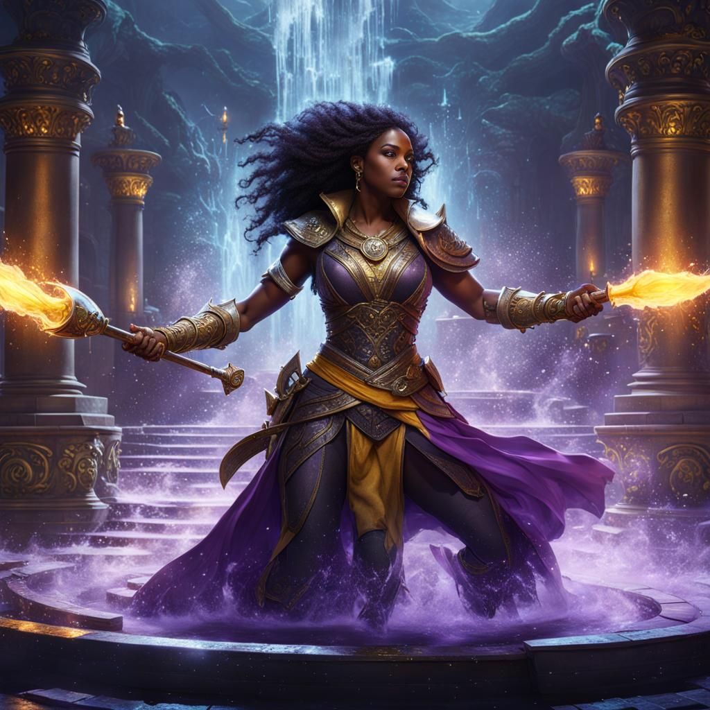 Black Woman Water Magic in Dark Fantasy Style