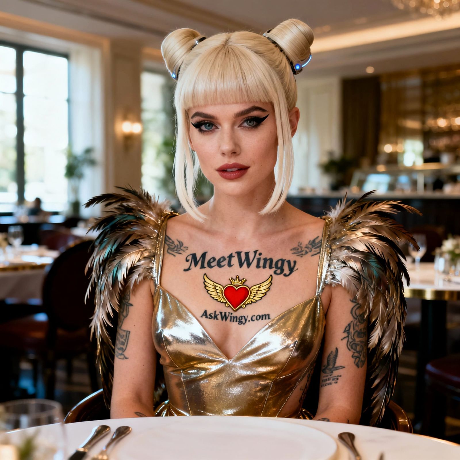 Blonde Model in Gold Dress at Posh Restaurant