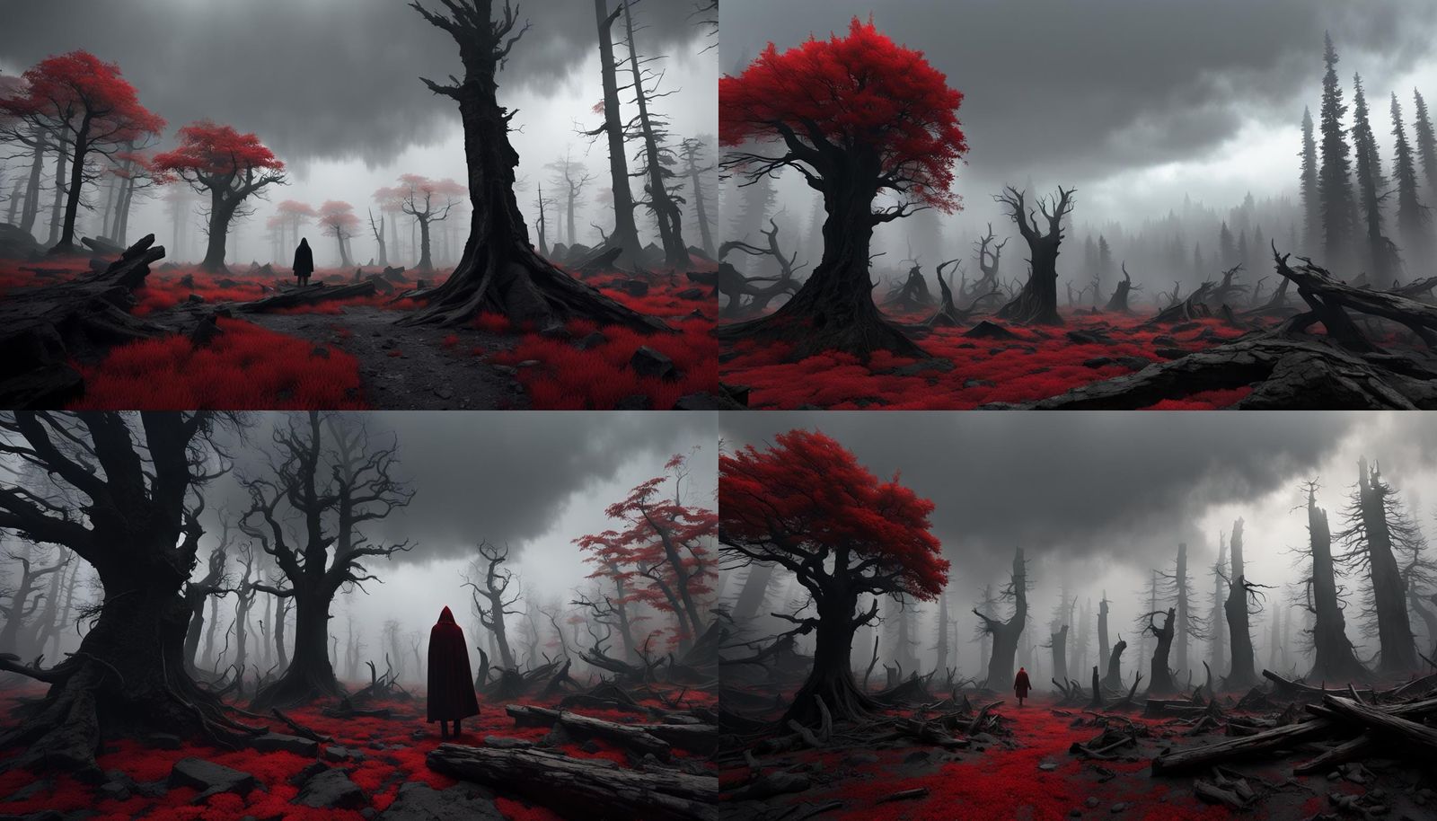 Hooded Figure Emerges in Petrified Crimson Forest