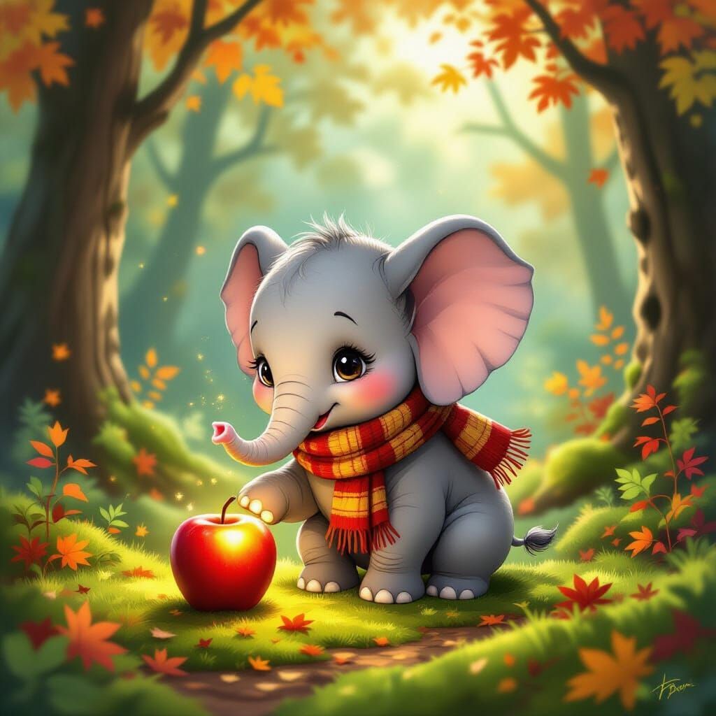 Whimsical Elephant Places Glowing Apple in Autumn Forest