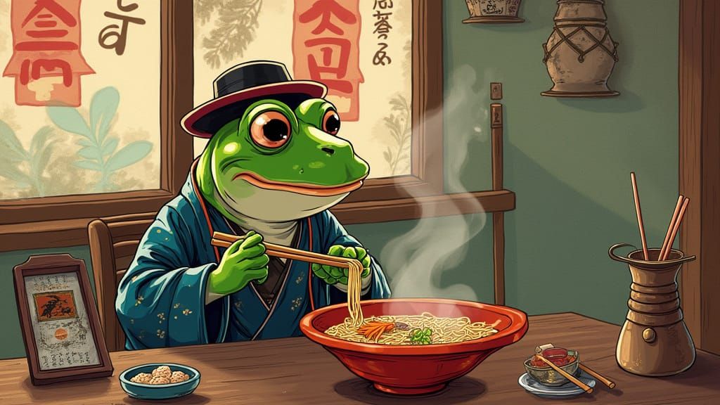 Edo Period Frog Eats Ramen: Ukiyo-e Style