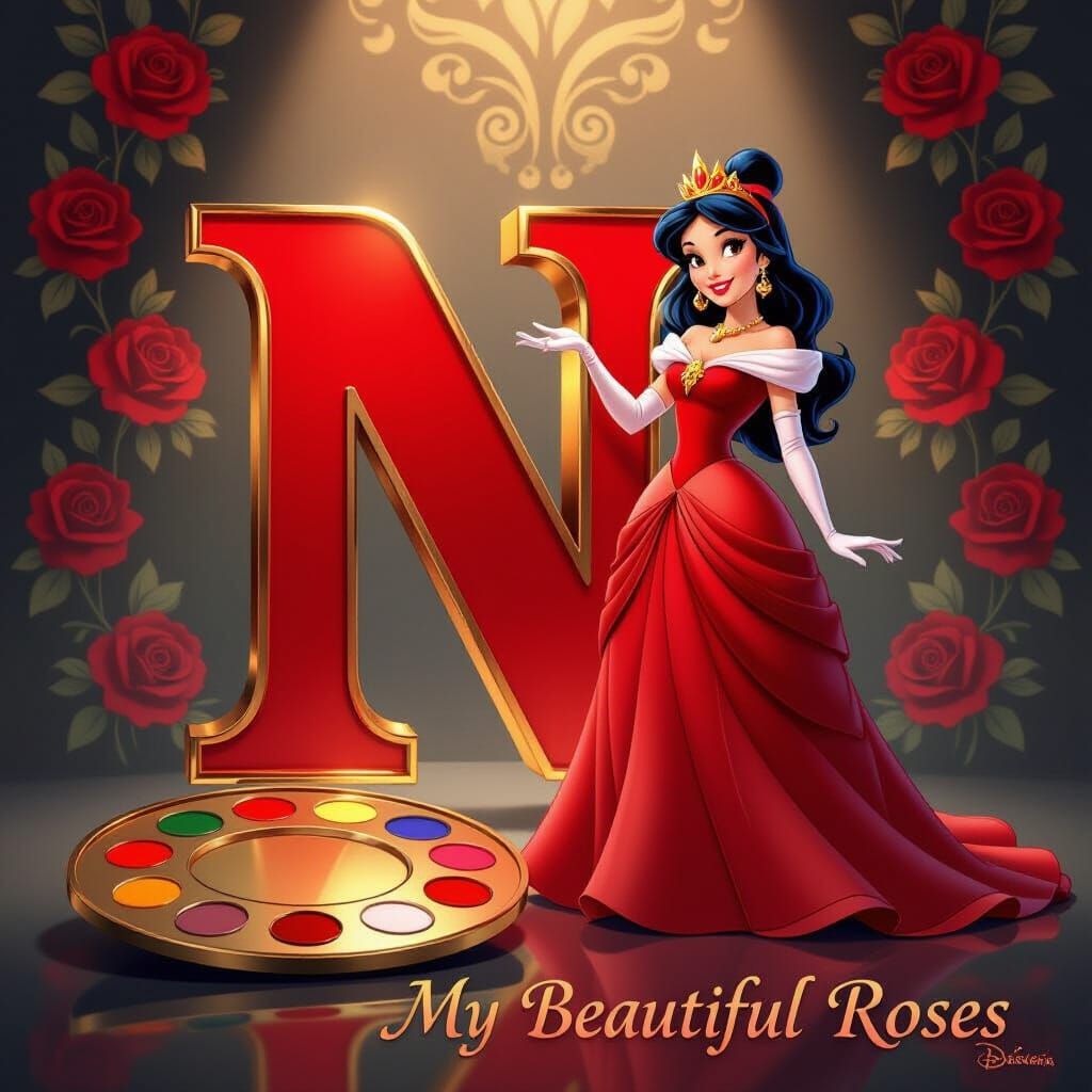 Disney Princess with Red Letter N in Hyperrealism