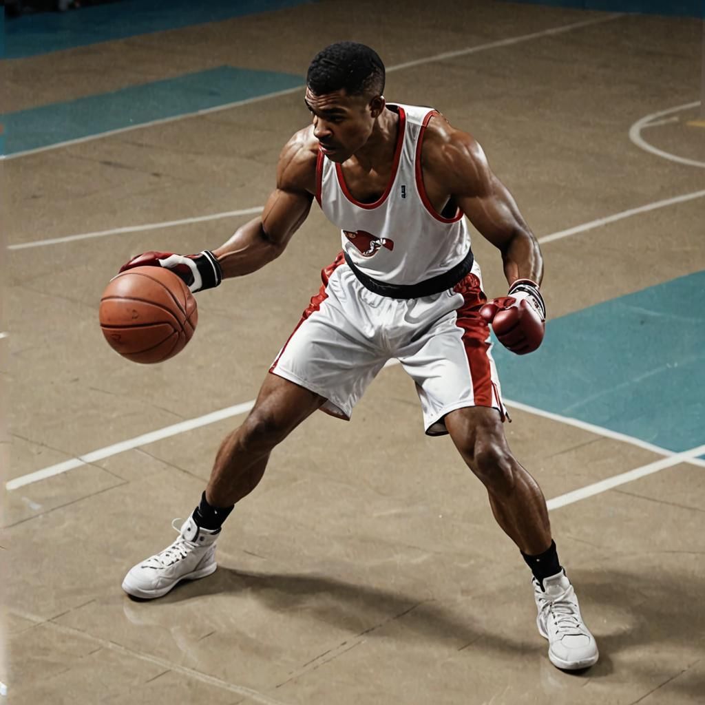 Athlete in Boxing Gloves Dribbles Basketball in Motion