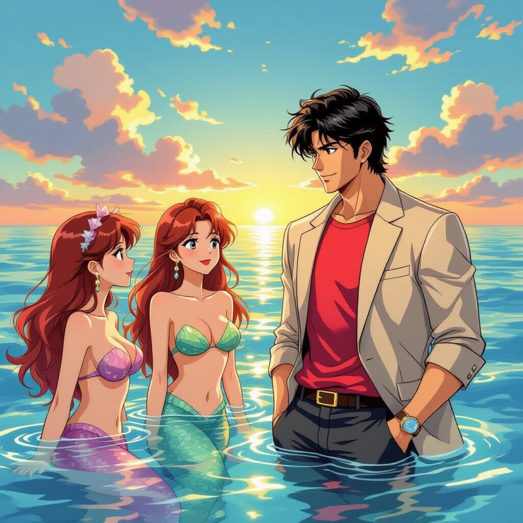Ryo Saeba Meets Mermaids in Vibrant Anime Style