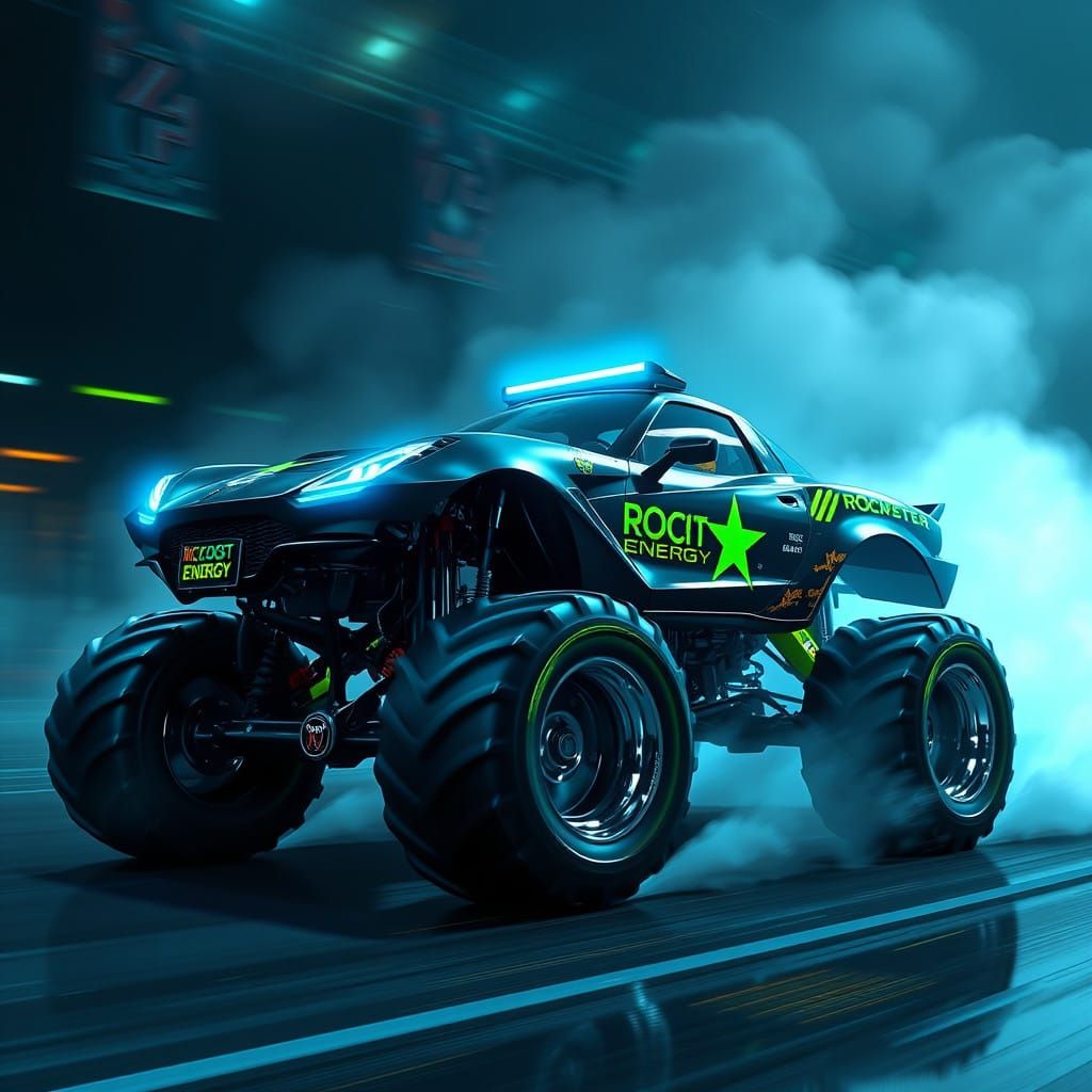 Cyberpunk Corvette Monster Truck Rides the Neon Night