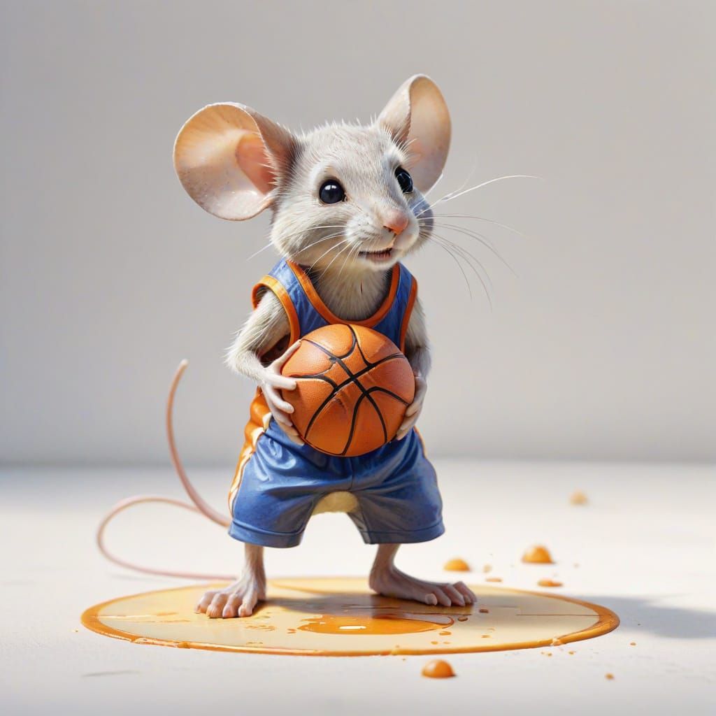 Mouse Plays Basketball on Cheese Court in Watercolor
