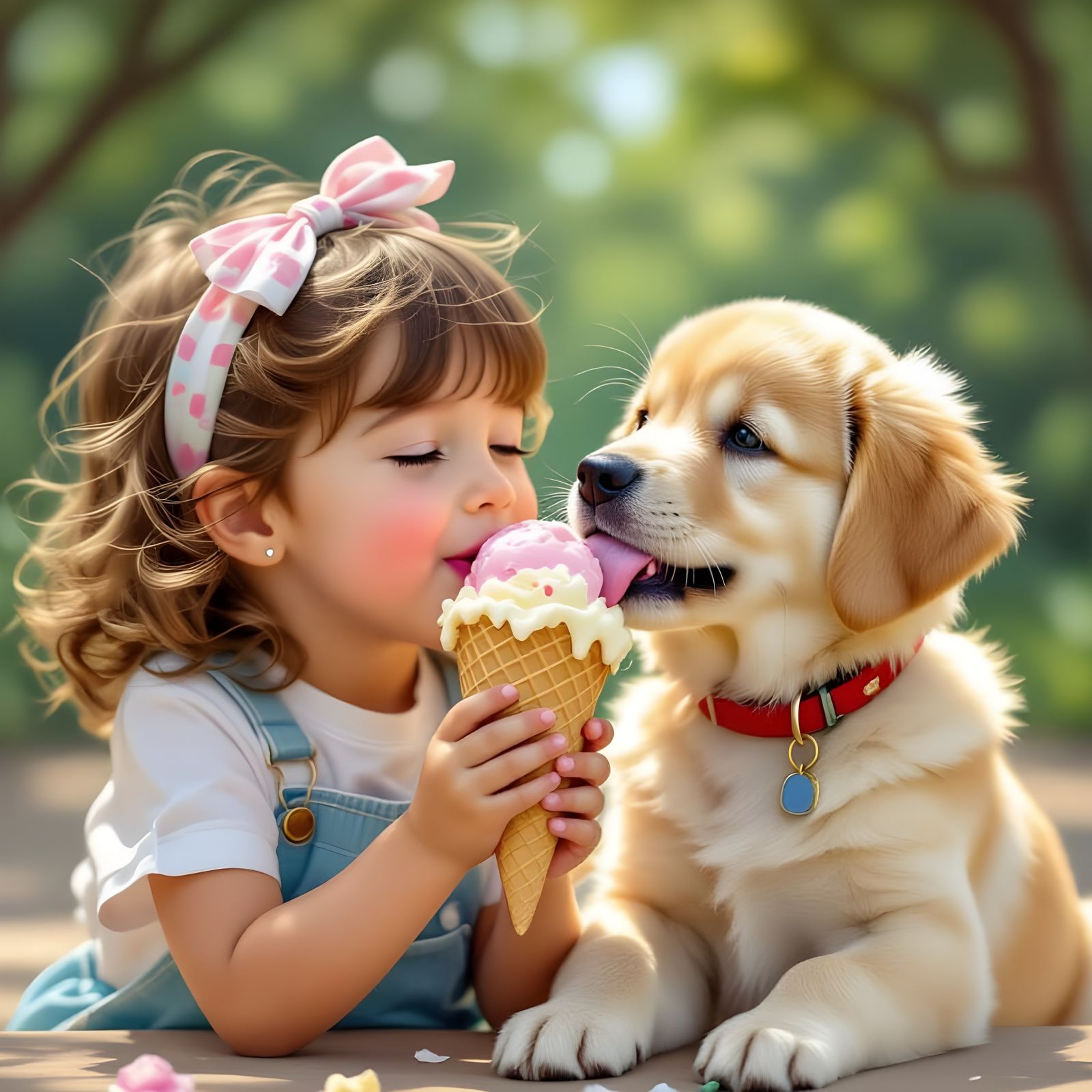 Child and Puppy Share Ice Cream Cone