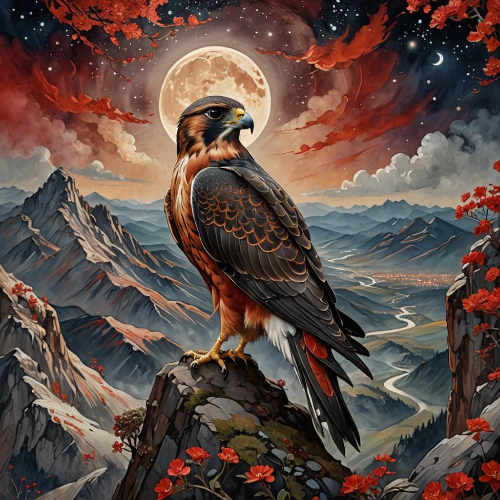 Falcon Moon Gaze: Art Nouveau Fantasy Painting