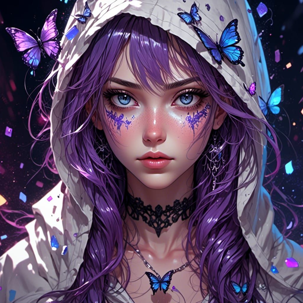 Woman with Purple Hair in Bioluminescent Acrylic Painting