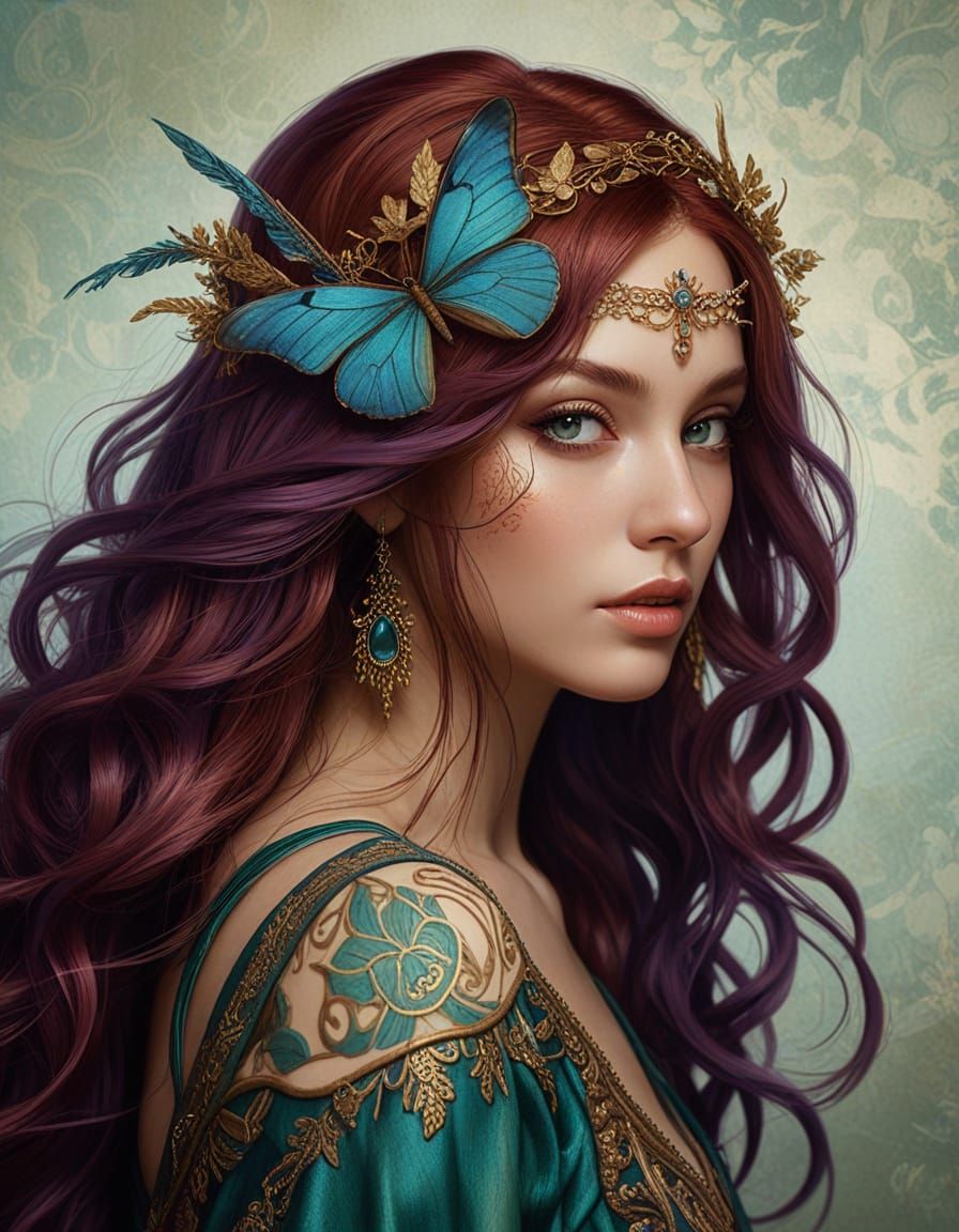 A captivating digital painting of a fantasy woman or fairy with a striking appearance. She has vibrant, long, wavy red h...