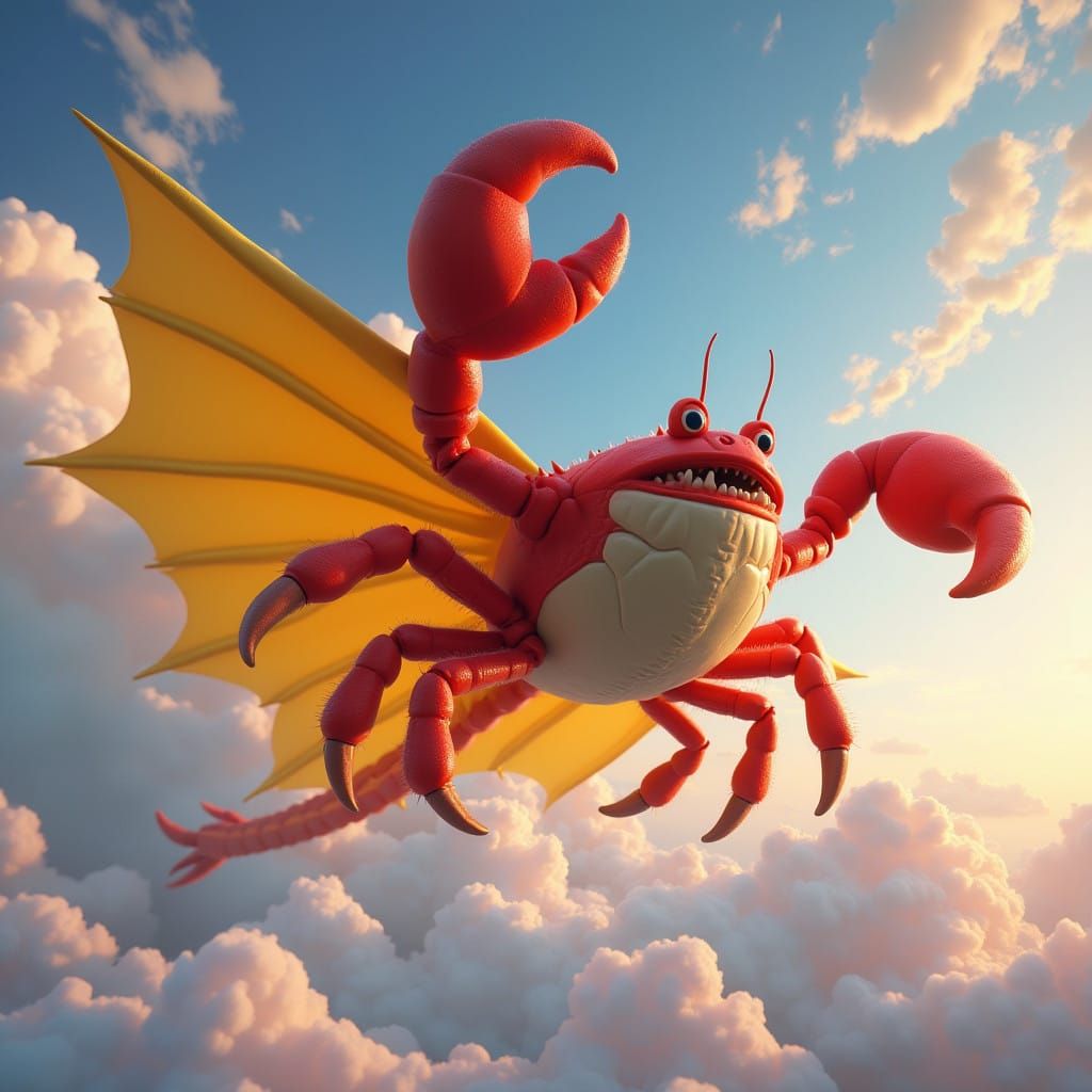 Majestic Red Crab Soars Through the Sky with Vibrant Cape