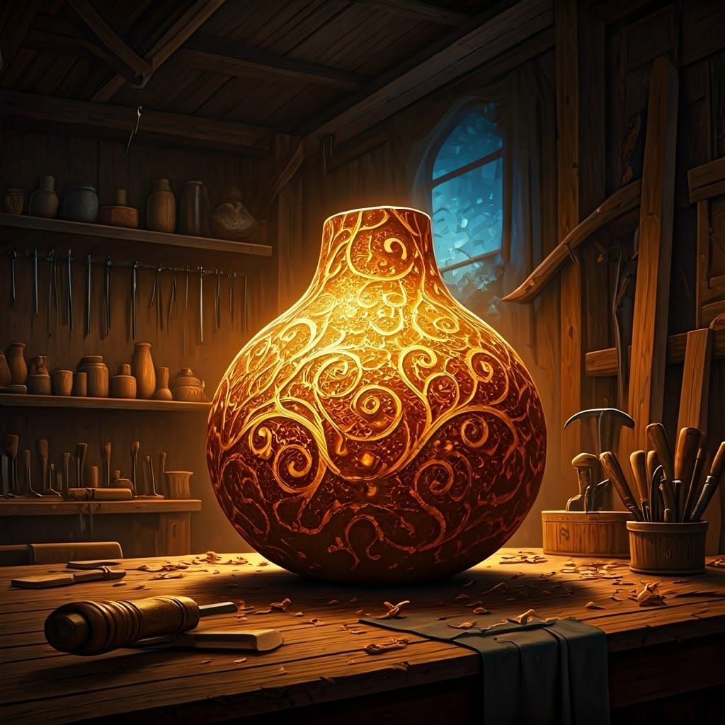 Glowing Carved Gourd in Cozy Workshop, Digital Art