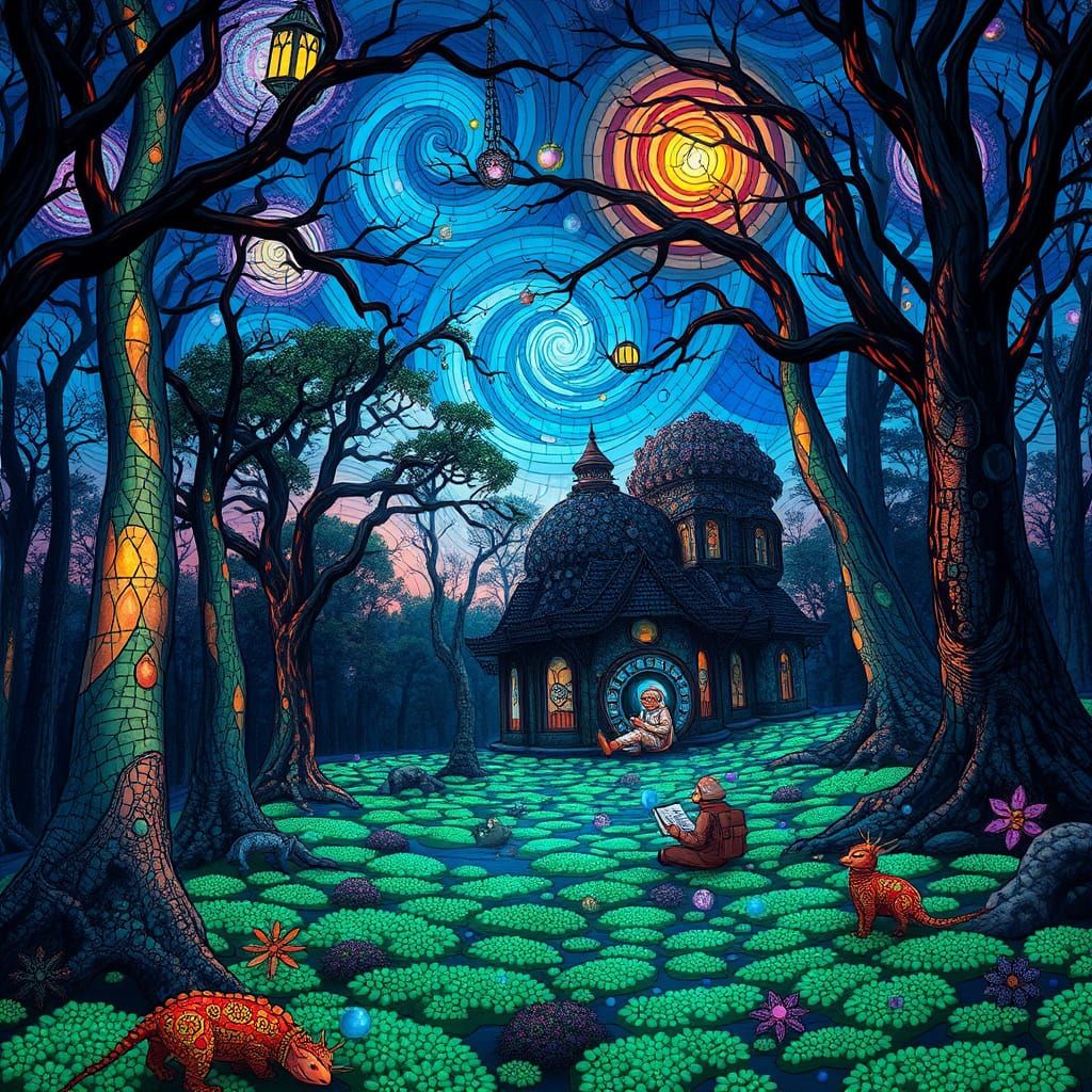 Stained Glass Forest Glade with Astronaut in Bio-Art Style