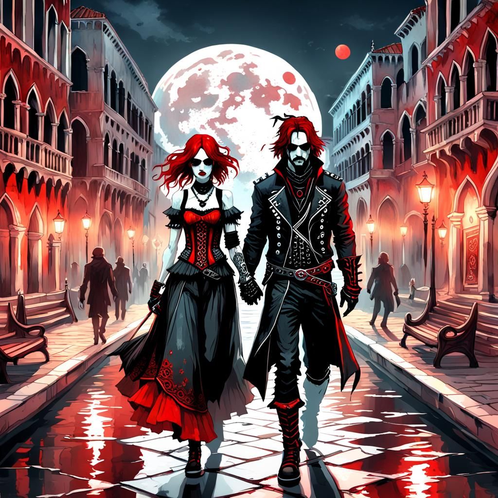 Gothic Couple in Venice Under Red Moon