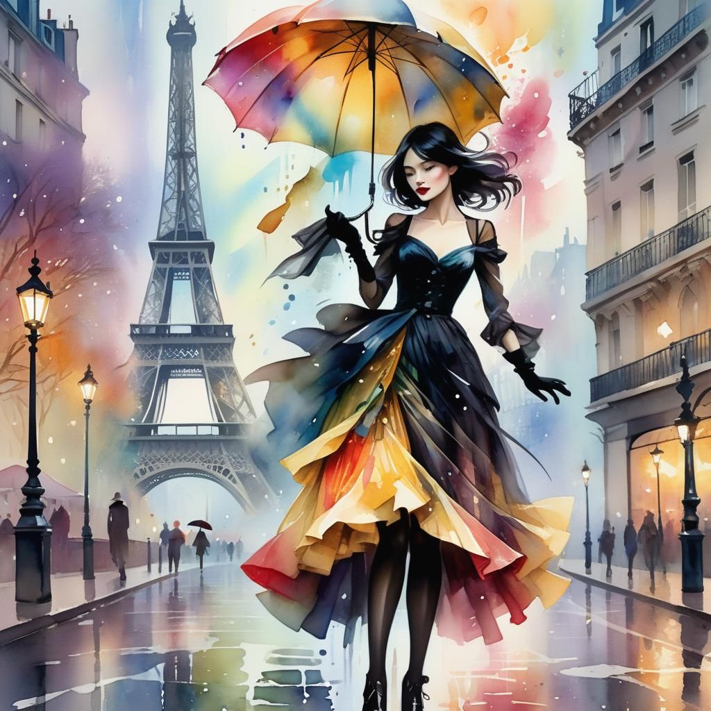 Mystical Woman in Paris: Watercolor Concept Art