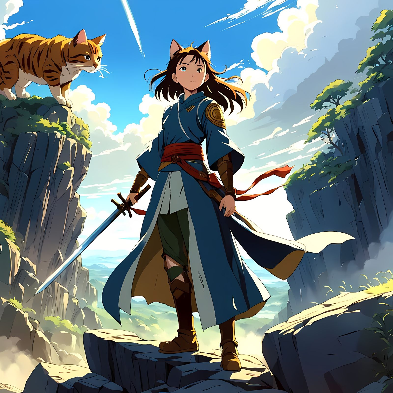 Cyberpunk Feline Warrior Woman in Epic Battle Scene