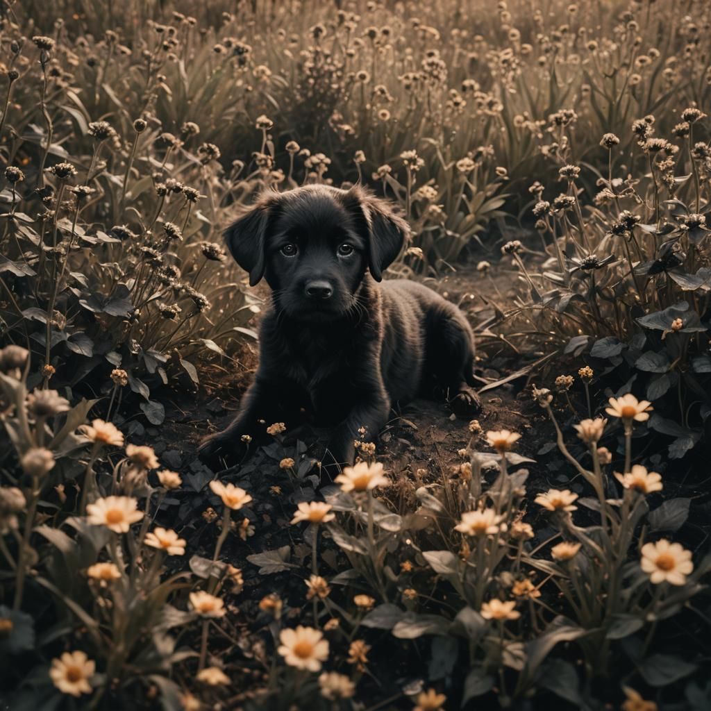 Black Puppy in Field of Flowers: Film Noir Style