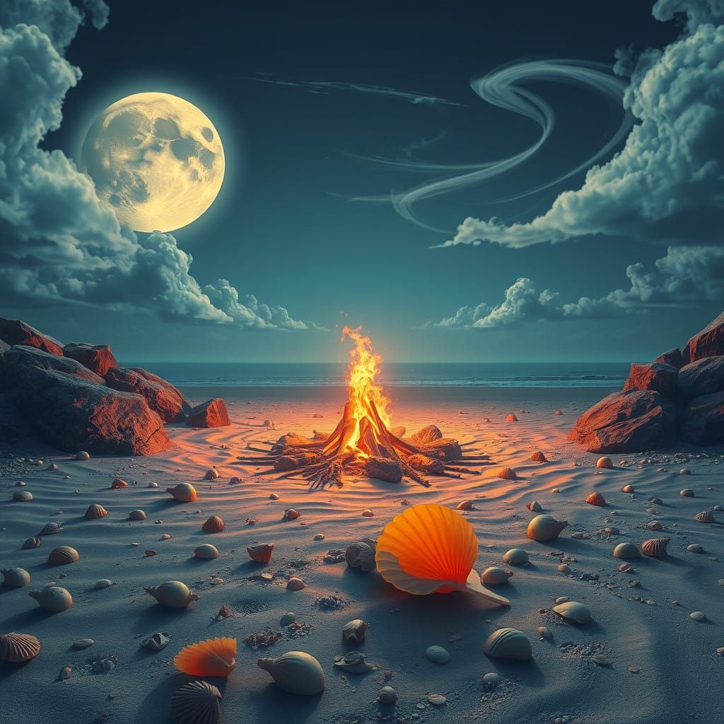 Surreal Moonlit Beach Scene with Golden Bonfire