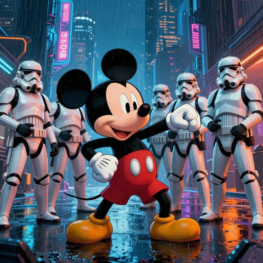 Mickey Mouse Battles Stormtroopers in Neon City