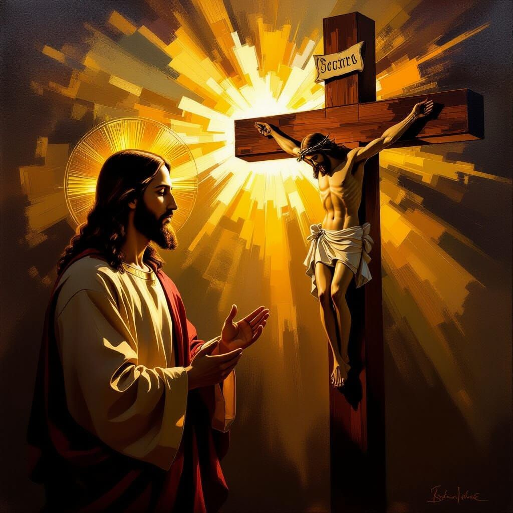 Lord Jesus Oil Painting with Ornate Cross and Golden Halo