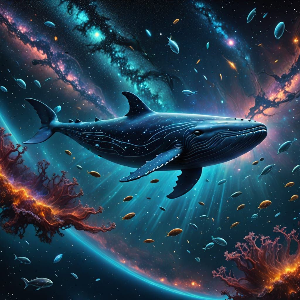 Cosmic Whale Soaring Through Bioluminescent Nebula