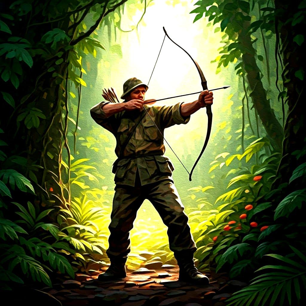 Rainforest Hunter: Impressionist Oil Painting with Impasto T...